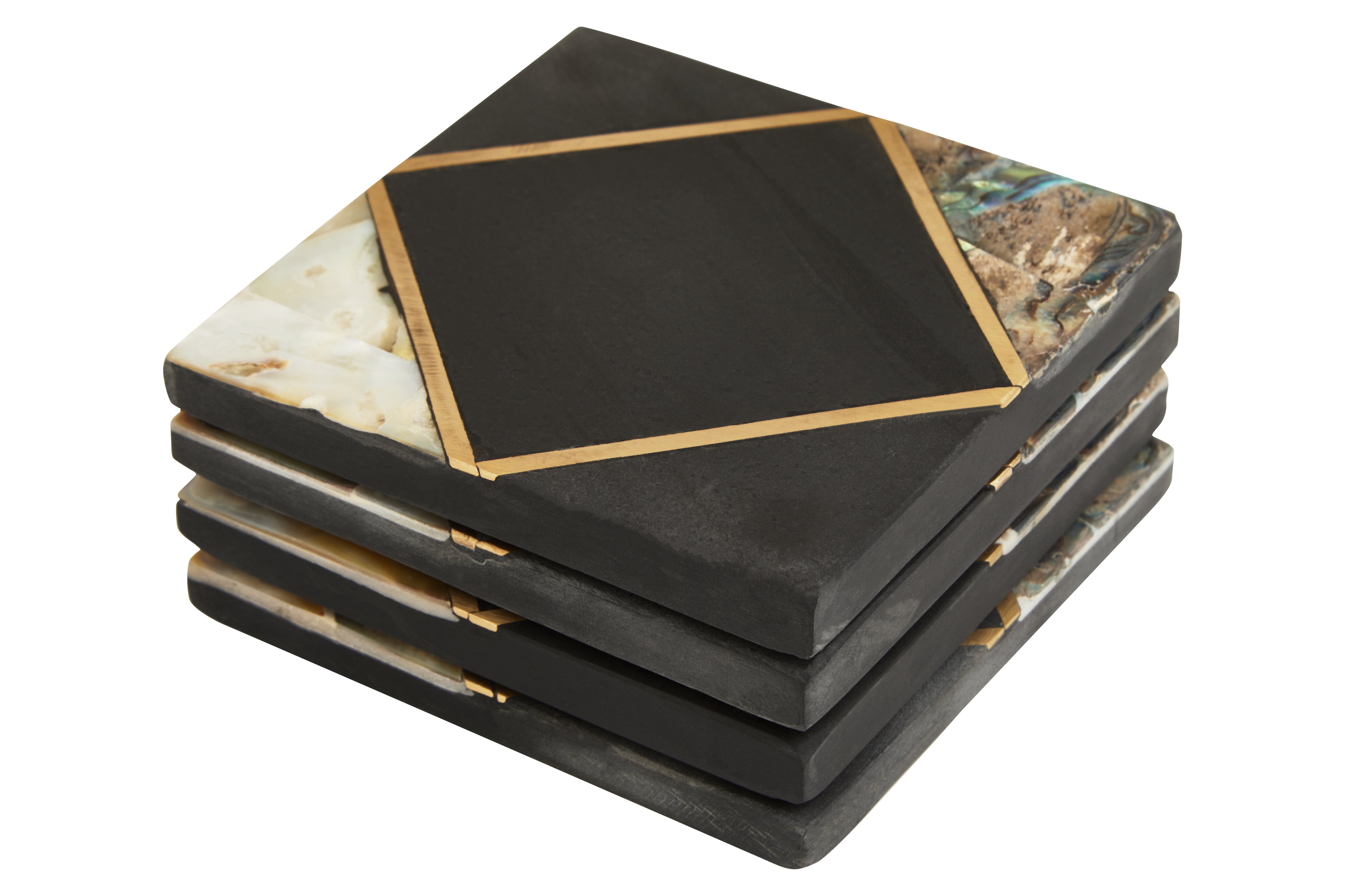 Set of 4 Martini Black Slate & Gold Square Coasters